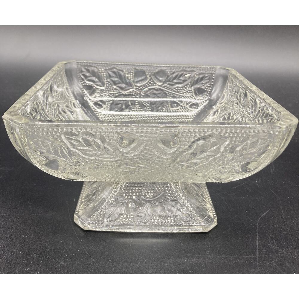 EAPG Square Pedestal Pressed Glass Flower & Leaf 6" Diameter 2" Tall Candy Dish